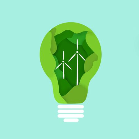 Alternative energy concept. Eco friendly light bulb with wind generators on blue background, illustrationの写真素材