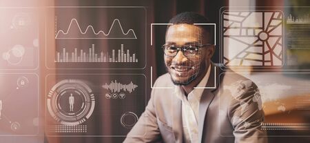 Perosnal info collection concept. Face scan of African American businessman, double exposure of office and data on virtual screen, copy spaceの写真素材