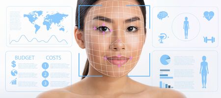 Global virus alert. Face scan of Asian girl on white background, panorama. Transparent screen with graphs and diagrams, double exposureの写真素材