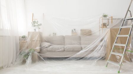 Refreshing and repairment. Living room preparing for painting walls, covered sofa and ladder, panorama, copy spaceの写真素材