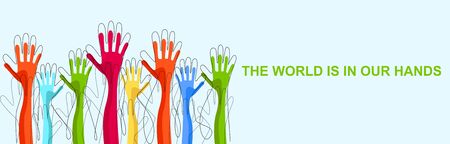 Ecological responsibility concept. Illustration with outreached hands and inscription THE WORLD IS IN OUR HANDS on blue background, panoramaの写真素材