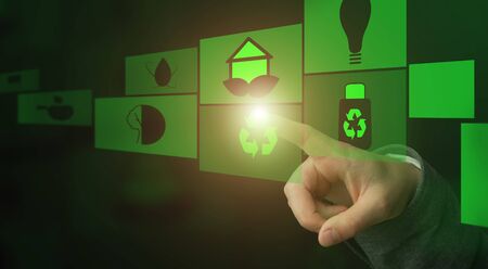 Waste recovery concept. Collage with businessman choosing button with recycling symbol on virtual...