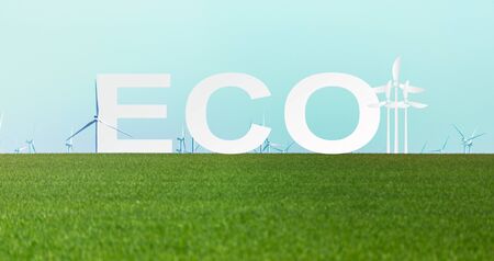 Alternative energy concept. Wnd generators in field and word ECO, creative collageの写真素材