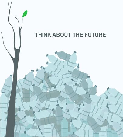 Think about the future concept. Dump with heap of plastic bottles and lonely tree on light background, creative illustrationの写真素材