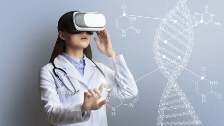 Medical technology concept. Collage with female medic wearing virtual reality headset and DNA...