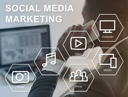 Social media marketing project. SMM manager with smartphone and laptop working in office, collage with networking iconsの写真素材