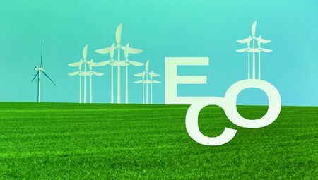 Clean energy concept. Creative collage with wind power station in field and word ECO, copy space