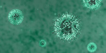 COVID-19 pandemic concept. Coronavirus cells under microscope on color background, illustration with...