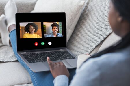 Group Video Chat. African American Woman Having Online Conference Call On Laptop With Friends,...