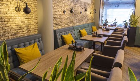 Take away and stay at home. Restaurant interior with no people, panorama, copy space