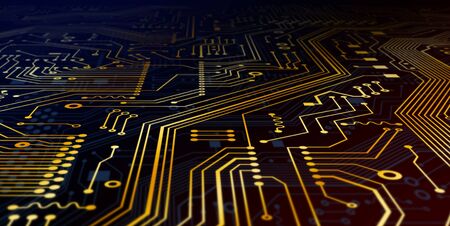 Computing technologies concept. Microelectronic circuit with gold lines, macro view. Illustration....