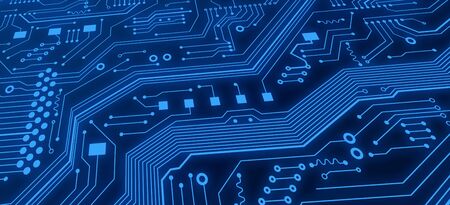 Modern technologies concept. Microelectronic circuit with shiny blue lines, illustration. Panorama
