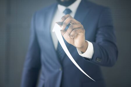 Business Growth Strategy. Unrecognizable Businessman Holding Stylus Drawing Arrow Going Up On Virtual Panel. Cropped, Selective Focusの写真素材