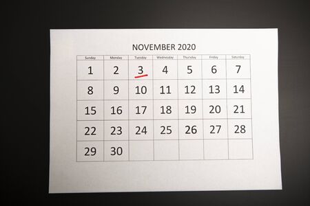 3 of November, USA elections 2020 concept. Calendar reminder with date, black backgroundの写真素材