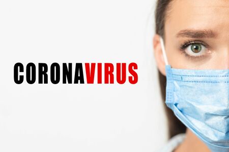 Corona Virus Concept. Collage With Coronavirus Word And Woman In Medical Mask Looking At Camera Over White Background. Croppedの写真素材
