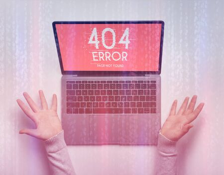 404 error on laptop screen, near hands. Double exposure with binary code