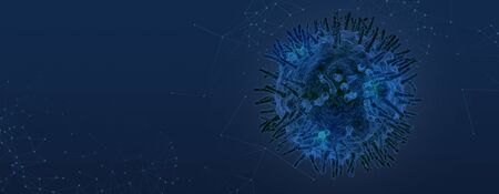 COVID-19 outbreak concept. Macro view of coronavirus microbe, blue background. 3D illustration with...