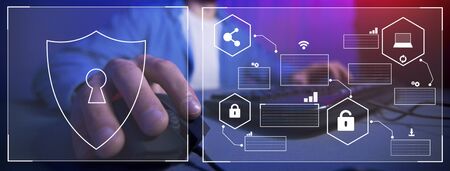Hacker Attack And Cyber Security Concept, Collage With Symbols. Man stealing info, double exposure,...