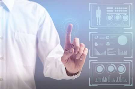 Virtual Interface Concept, Double Exposure. Business man pressing buttons on infographic panel with...