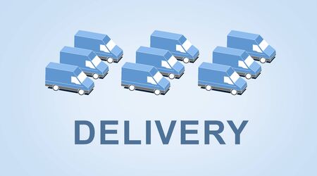Illustration with trucks standing in rows and word DELIVERY on light blue background. Panoramaの写真素材