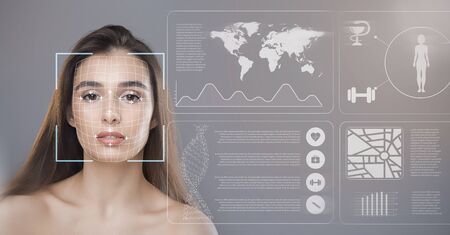 Personal data record concept. Facial recognition of Caucasian lady with private info on imaginary...