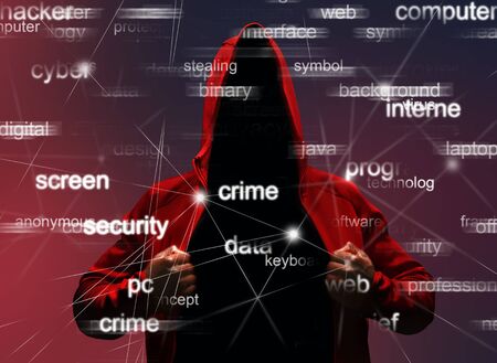 Hacking internet photo concept. Man in hood no face, takes off his sweatshirt, collage with words