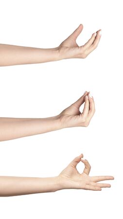 Millennial girl holding imaginary object on white background, closeup of hands. Vertical collageの写真素材