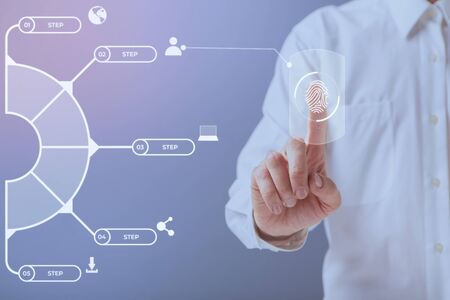 Internet Security Circle Icons Set. Business man touching virtual fingerprint, authentication...