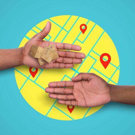 E commerce concept. Close up of customer accepting tiny packages from delivery boy over city map background, collageの写真素材