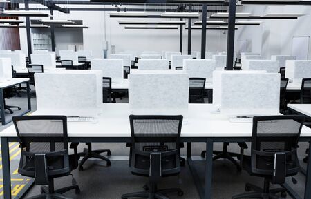 Close up of empty places for workers in co-working, rental offices crisis, remote work, coronacrisis