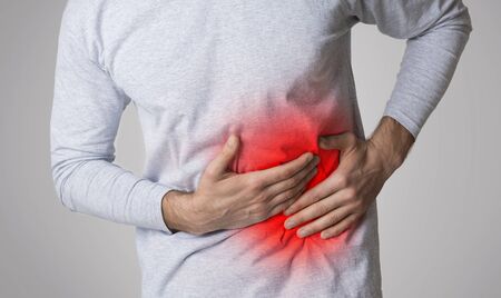 Medical concept. Pain in liver is highlighted in redの写真素材