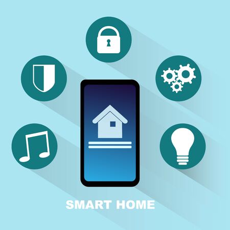 Smart home control concept. Cellhone with icons on blue background. Concept home with technology systemの写真素材