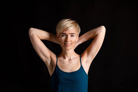 Distinctive feature concept. Smiling woman with spots on body