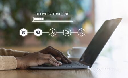Delivery Tracking Concept. Collage Of Black Woman Checking Shipping Information Of Her Order Online...