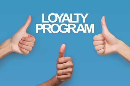 Collage with grateful clients showing thumbs up and words LOYALTY PROGRAM on blue background, close...