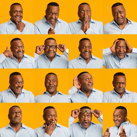 Collage of middle aged african american man portraits with different emotions and gestures, human...