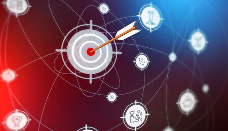 Success and achieving goals. Creative illustration with arrow hitting target on color gradient...