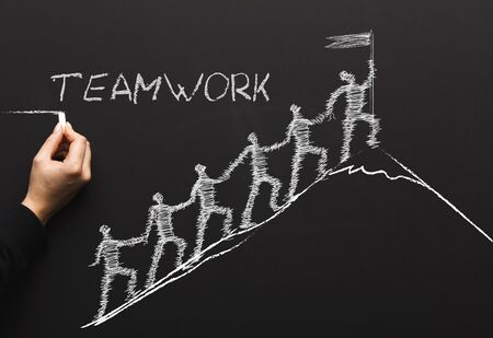 Teamwork concept. Collage with businesswoman drawing group of people climbing mountain together on chalkboardの写真素材