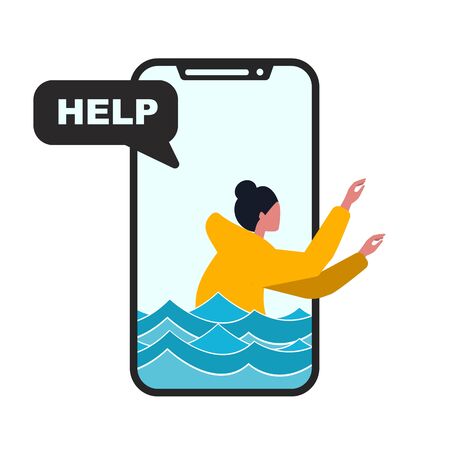 Problematic internet use concept. Teen girl drowning inside of smartphone, isolated vector illustration in flat styleのイラスト素材