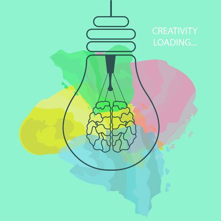 Creative thinking concept. Light bulb with brain as tungsten wire on turquoise background with watercolor splashes, thin line vector illustrationのイラスト素材