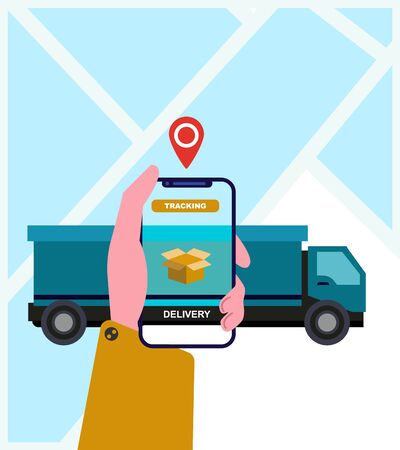 City logistics. Man choosing location on cell phone for getting his order, van on background, vector illustrationのイラスト素材