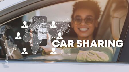 Car sharing concept. Smiling automobile driver showing smartphone with worldwide network, collage. Panoramaの写真素材