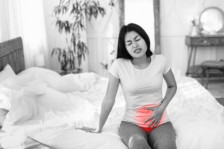 Painful Periods. Asian Woman Suffering From Pain In Lower Abdomen During Menstruation Sitting In Bed At Home. Black-And-White, Free Spaceの写真素材
