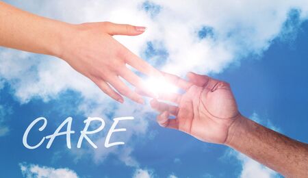 Charity, sponsorship, donation. Help each other, world humanitarian aid concept, blue sky backgroundの写真素材