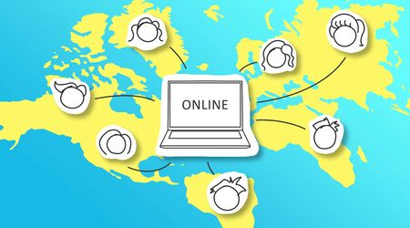 Global communication concept. Laptop computer, worldwide online community and map on blue background, creative illustration. Panoramaの写真素材