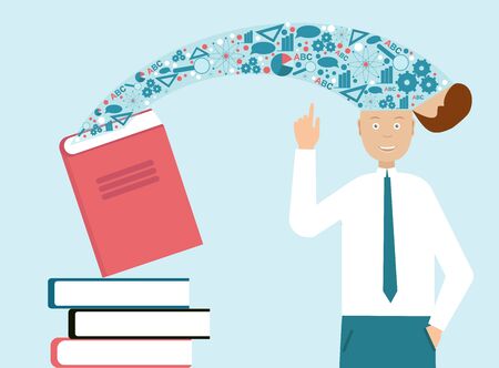 Creativity and education concept. Data flying from book into mans head on blue background, vector illustration in flat styleのイラスト素材