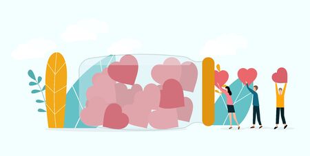 Concept of charity and donations. Volunteers give donations with heart or love put together into a box, panorama, graphicのイラスト素材