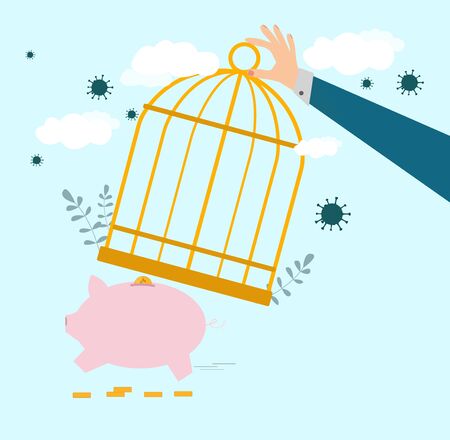 Economic recovery after coronavirus concept. Piggy bank run out of cage, vector illustrationのイラスト素材