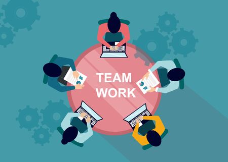 Teamwork concept. Colleagues conducting business meeting at conference table, top view. Vector illustration in flat styleのイラスト素材