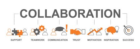 Vector illustration with word COLLABORATION and linear teamwork related icons on white background. Panoramaのイラスト素材